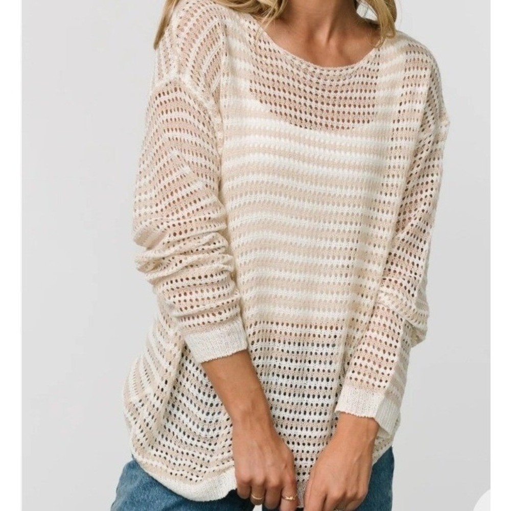 BALTIC BORN Valissa Open Knit Top  Striped Sweater Long Sleeve Boat Neck  Sm